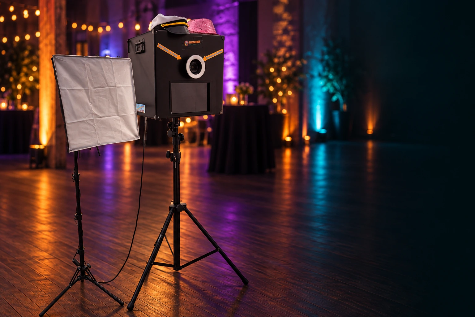 Meine eigene Fotobox mit Softbox vor einem dunklen, orange, violett und türkis beleuchteten Hintergrund